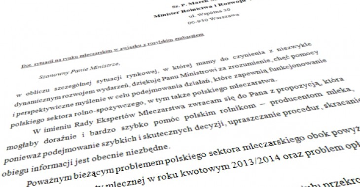 Rada Ekspertów Mleczarstwa wystosowała pismo do ministra w sprawie embargo