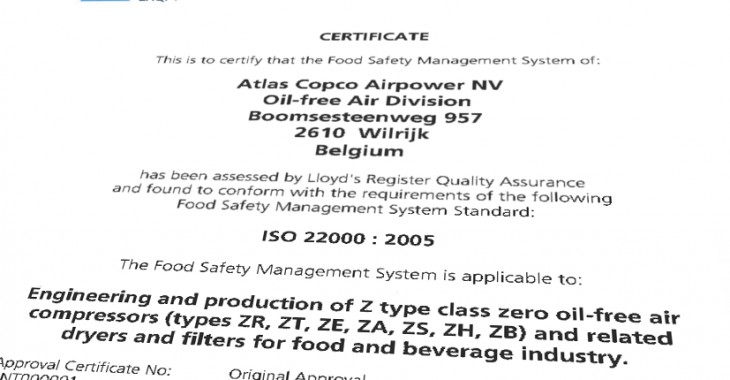 Zakład produkcyjny firmy Atlas Copco w Antwerpii w Belgii otrzymał certyfikat ISO 22000 w zakresie systemu zarządzania bezpieczeństwem żywności Zakład produkcyjny firmy Atlas Copco w Antwerpii w Belgii otrzymał certyfikat ISO 22000 w zakresie systemu zarządzania bezpieczeństwem żywności