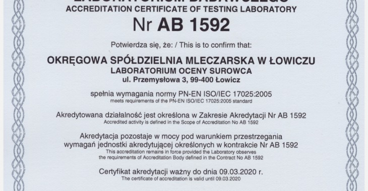Laboratorium Oceny Surowca w OSM Łowicz otrzymało Certyfikat Akredytacji Laboratorium Badawczego Laboratorium Oceny Surowca w OSM Łowicz otrzymało Certyfikat Akredytacji Laboratorium Badawczego