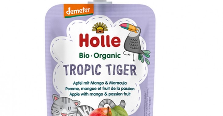 BIO nowość Holle – TROPIC TIGER – nowy mus owocowy z tropikalnym mango i marakują dla dzieci od 8. miesiąca życia